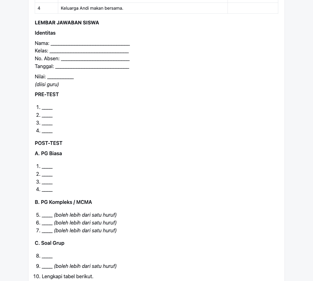Pratinjau lembar jawaban siswa